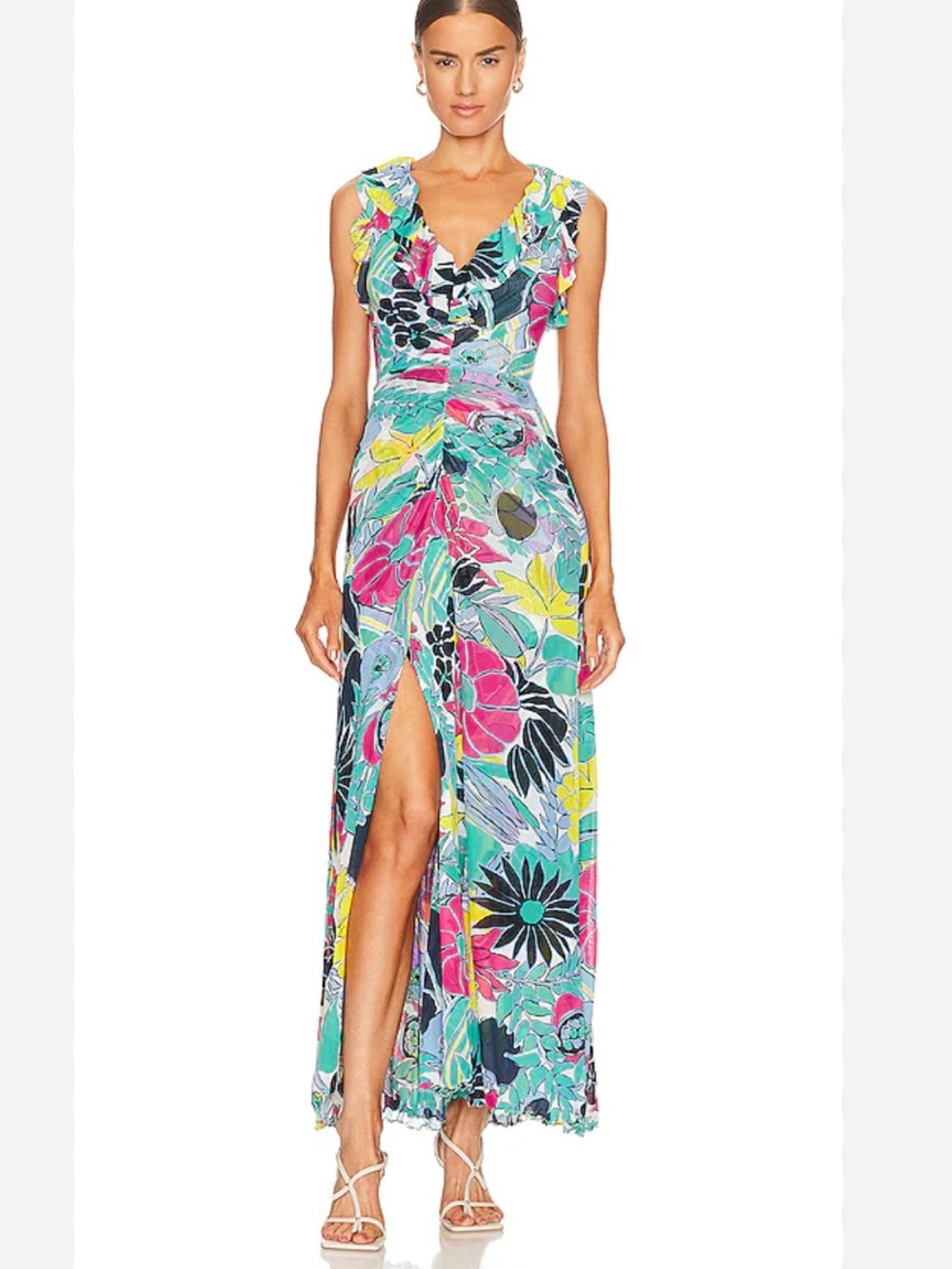 Diane Von Furstenberg Sean Floral Mesh Ruffle Maxi Dress Turquoise